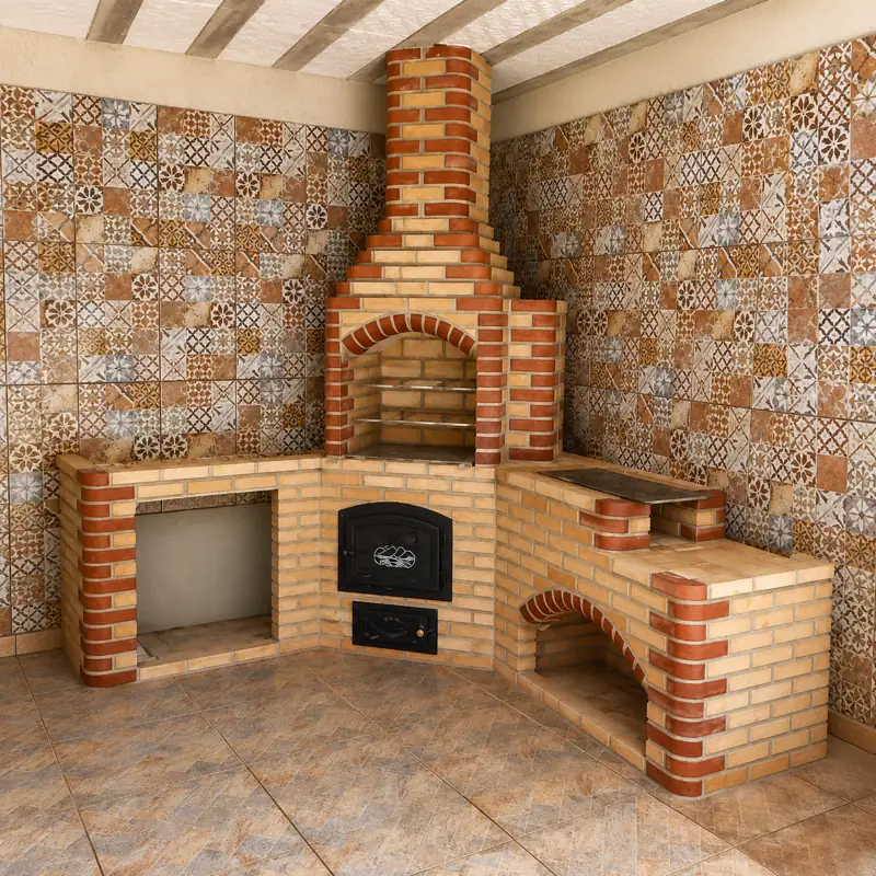 Churrasqueira Palha com Canto Vermelho, Forno Iglu de Pizza, Fogão 3 Bocas e Bancada 1,50m