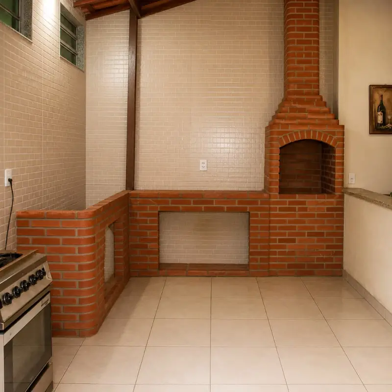 Churrasqueira de Tijolo Vermelho 80cm com Bancada de 3m em L
